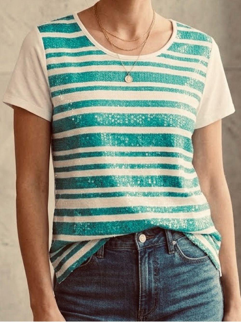 Bay Studio T-shirt Tee Top sequin stripe green white jersey scoop neck casual XL